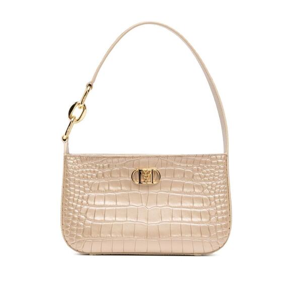 MCM Travia Shoulder Bag Gold Croco Embossed with 24K Gold Plated Logo NWT - Picture 1 of 13
